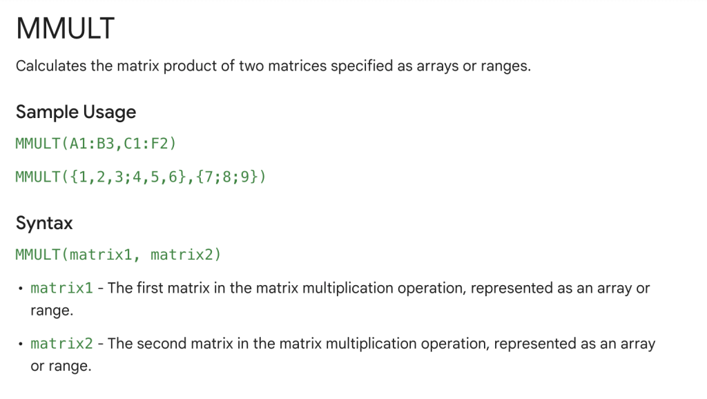 Google sheets MMULT function